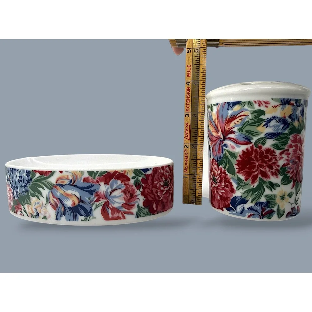 Vintage Floral Ceramic Bathroom Set Soap Dish & Toothbrush Holder